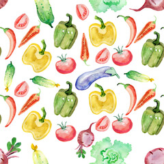 Vegetables watercolor seamless pattern digital paper fabric kitchen vegan food benefits of natural nutrition