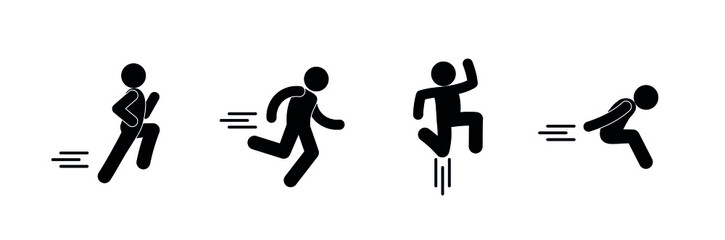 Fototapeta na wymiar set of human figurines, running and jumping people, stick figure pictogram man, stickman isolated on white background