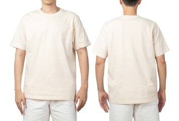 Young man in blank beige t-shirt mockup front and back used as design template, isolated on white background with clipping path.