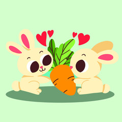 Adorable Bunny Couple Sharing Carrot Doodle Vector Illustration