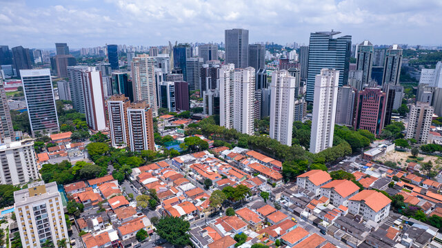 Aerial drone view of the Brooklin neighborhood in S&atilde;o Paulo, Brazil. 
Beautiful new buildings for housing and offices