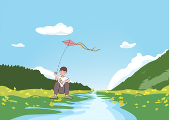 Illustration of a boy flying a kite outdoors