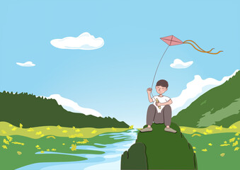 Illustration of a boy flying a kite outdoors