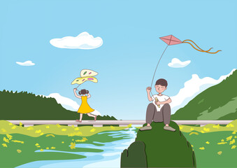 Children flying kites outdoors