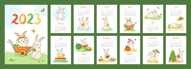 Calendar 2023 with rabbit, planner organizer. Covers and 12 month pages bunny character mascot symbol year. Flat cartoon template, cute hare lies beach, gives gift, read book, halloween Easter, vector