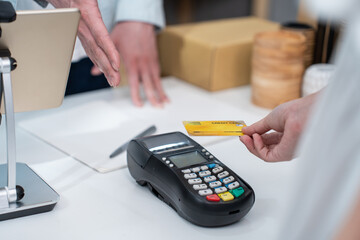 Close up hands of young woman use credit card pay for vase goods order. 