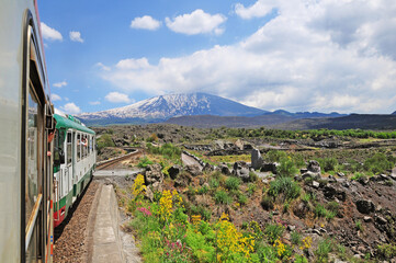 Train moves around Etna volcano. Sicily. - 486993239