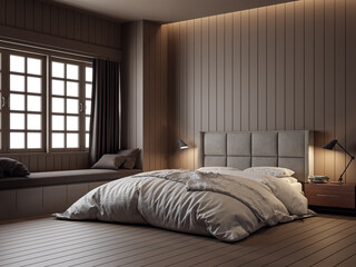 Dark brown plank bedroom 3d render,with a white bed decorated with a wooden window seat and hidden warm lighting.