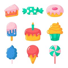 kawaii cute pastel set of candy sweets desserts with different types isolated on white background for cafe or restaurant. illustration vector.