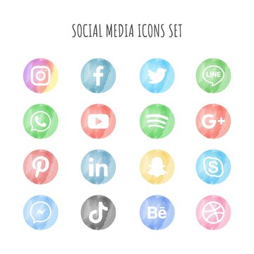 watercolor social media icons set isolated on white background. vector Illustration.