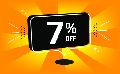 7% off. Orange banner and black balloon with (seven) percent off purchase and sale