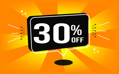 30% off. Orange banner with black balloon and (thirty) percent off purchase and sale.