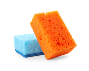 Bright cleaning sponges with abrasive scourers on white background