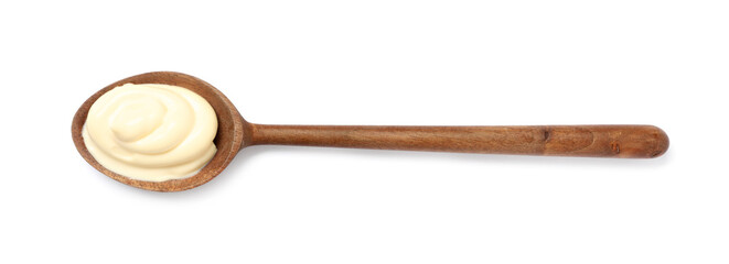 Wooden spoon with tasty mayonnaise isolated on white, top view