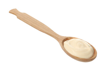 Wooden spoon with tasty mayonnaise isolated on white