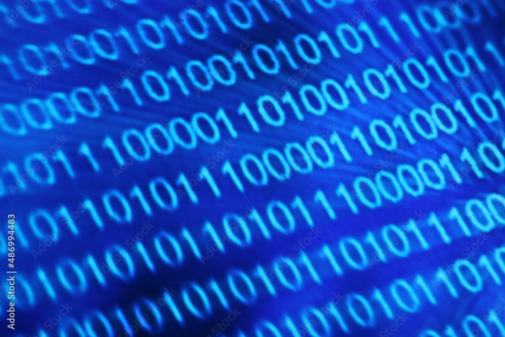 Aufkleber illustration of running binary codes on a blue blurry background