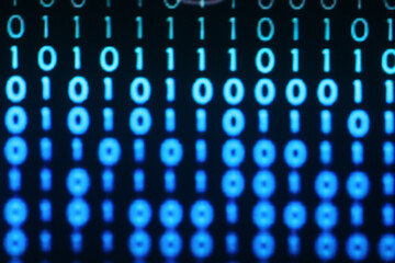 Illustration of running binary codes on a blue blurry background
