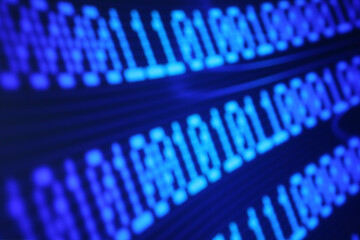Illustration of running binary codes on a blue blurry background