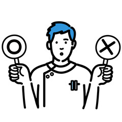 マルバツの札を持って考えている白衣を着た若い男性看護師
