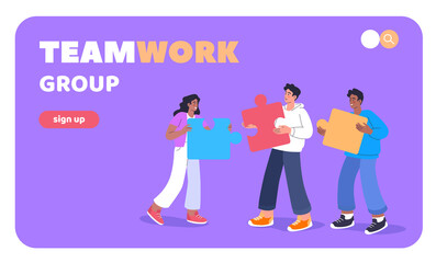 Group of young people work together, successful teamwork colorful banner illustration