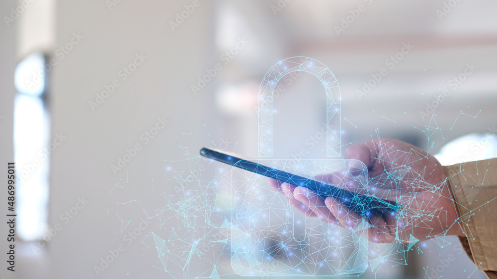 Poster double exposure of unlocking the scanner and gaining access to the enterprise data network biometric
