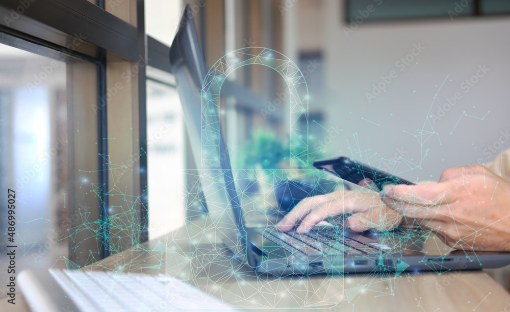 Aufkleber double exposure of a businessman's hands typing on a computer and a hologram drawing of a currency c