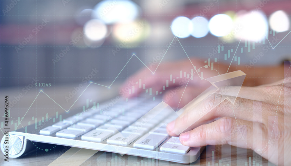 Poster concept of international internet trading is represented by a double exposure of graphs and financia