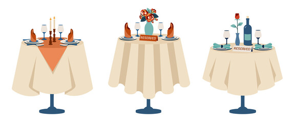 Set of reserved tables for two. Beautiful romantic dinner. Romantic setting. Table with tablecloth, cutlery, glasses, wine, bouquet of flowers, rose, candles, napkins. Vector cartoon illustration