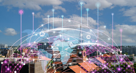 Naklejka premium Double exposure of Modern metropolis with buildings and skyscrapers, as well as a social connection concept, the internet of things, and the concept of a satellite navigation system