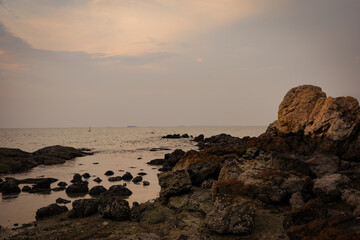 Rocky sea shore against sunset scape.