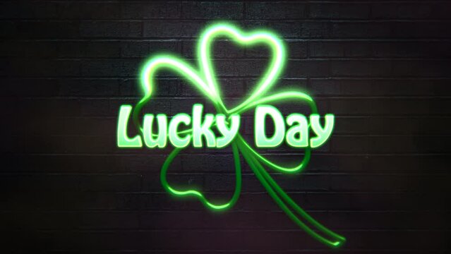 Lucky Day with big neon green shamrocks on wood, motion holidays and Irish national style background