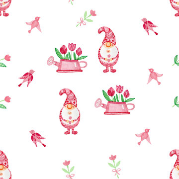 Cute Gnomes Spring Watercolor Pink Seamless Pattern Packaging Paper Tulips Birds