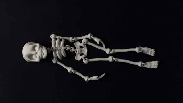 stop motion of a skeleton dancing, waving his hips and chest. looped video, vertical video. halloween party