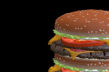 burger isolated on black background 3D illustration