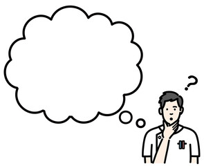 吹き出し　考えている白衣を着た若い男性看護師
