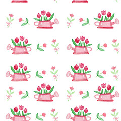 Seamless pattern digital paper wrapping paper wallpaper cute Provence spring watering can and flowers watercolor