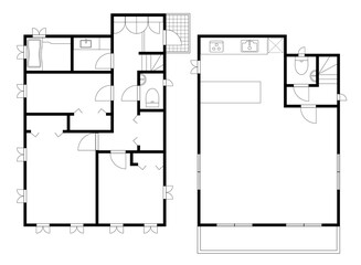 住宅一軒家、戸建ての間取り図の図面のイラスト3LDK　マイホーム見取り図　白黒モノクロ - 486999262