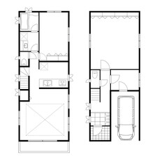 住宅一軒家、戸建ての間取り図の図面のイラスト2LDK+DIN駐車場　マイホーム見取り図　白黒モノクロ