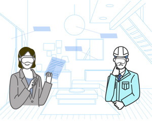 VRを利用し建物の間取り相談をするジャケットを着た営業風の女性とヘルメットを被った設計士風の男性のシンプルな白バックの線画のイラスト