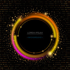 Vector luxury, Illustration gold circle, round shape. Abstract design, decoration element with golden frame line, glow and flare light effect, shine glitter on black color. Banner template background
