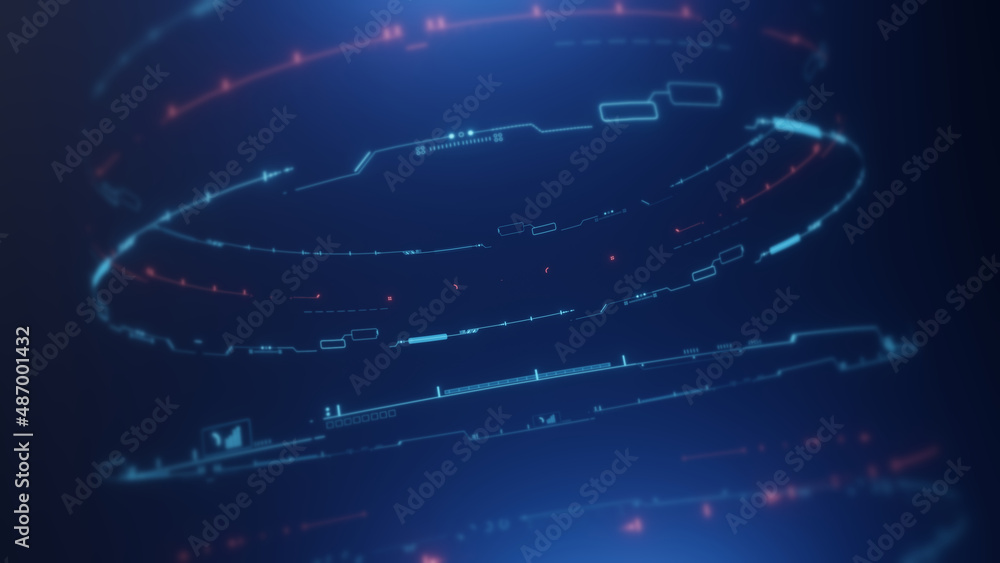 Poster 3d rendering of futuristic circular rings. blur effect applied. for abstract technology, cryptocurre