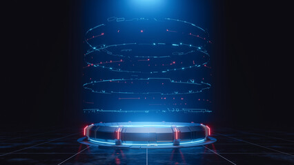 3D Rendering of sci fi mech circle shape pedestal with glowing led futuristic rings and grunge dark fog and cloud background. For hi tech product display, big data, computer hardware, ai, crypto - obrazy, fototapety, plakaty
