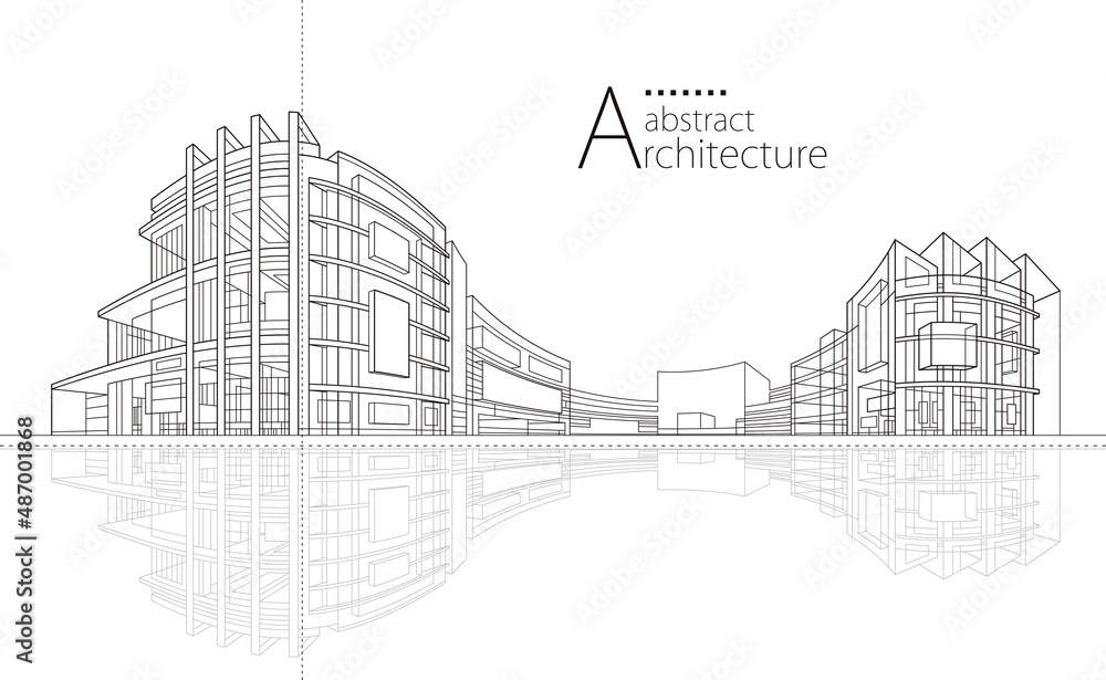 Poster 3D illustration linear drawing. Imagination architecture urban building design, architecture modern abstract background. 