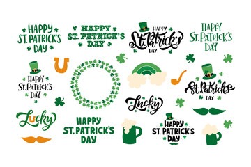 Happy Saint Patrick's day celebration lettering quote with shamrock. Hand drawn irish beer festival poster. Design for flyer, card, holiday banner, mug, t shirt.
