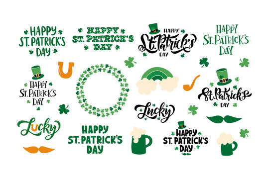 Happy Saint Patrick's Day Celebration Lettering Quote With Shamrock. Hand Drawn Irish Beer Festival Poster. Design For Flyer, Card, Holiday Banner, Mug, T Shirt.