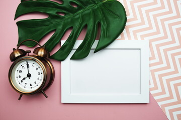 Monstera leaves summer minimal background with mock up space copy on pink background