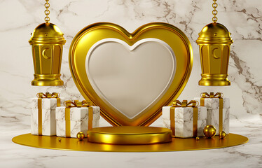 Fototapeta na wymiar 3D rendering Islamic lamps, podium mockup and heart gold, illustrated marble backgrounds.