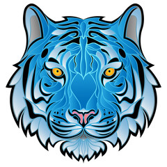 Cute blue tiger head with yellow eyes. Symbol of 2022 stylized as a colorful tattoo. Water calm tiger isolated vector illustration.