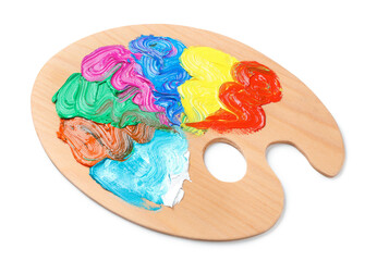 Palette with paints on white background. Artist equipment