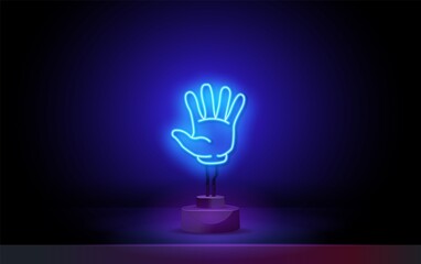Neon Hand Gesture icons. An open hand or five fingers up, shows the number 5. Direction logo or emblem with bright neon light.